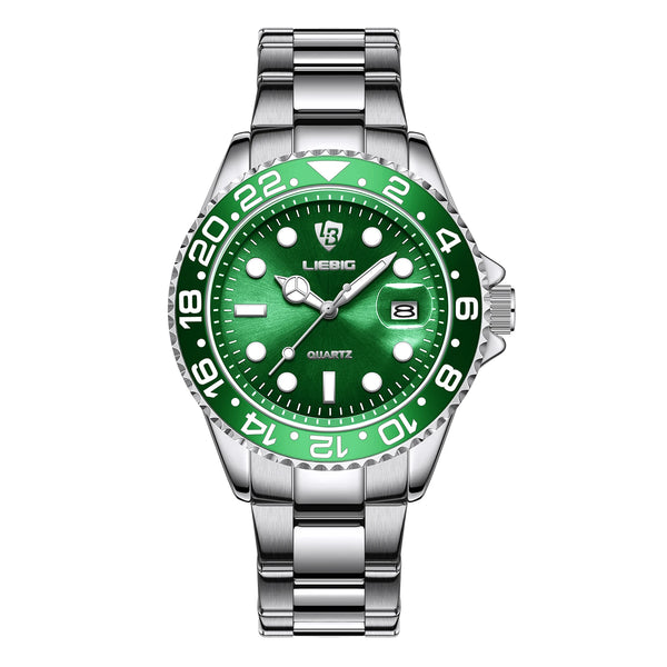 Relógio Masculino LIEBIG Verde e Prata Luxo em Aço Inoxidável